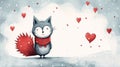 shy gray cat against the background of slushy weather with hearts in the air, postcard, copy space