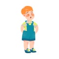 Shy Little Boy in Shortalls Standing with His Hands Behind Vector Illustration