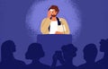 Shy man sweating, feeling fear and anxiety during public speaking. Nervous stressed speaker behind tribune. Fright of Royalty Free Stock Photo