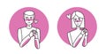 Shy man and woman with emotion of love circle icon, facial expression with gestures. Beloved people, expressing their amorous