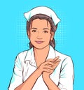 Shy nurse woman in white coat