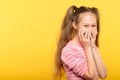 Shy smiling embarrassed girl covering mouth hands Royalty Free Stock Photo