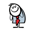 Shy stickman businessman with closed eyes and smile. Vector illustration of funny man dreaming of love.