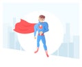 Shy superhero, nerd, in a raincoat and glasses against the background of the city. Modern vector illustration in minimalist style.