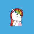 Shy unicorn cartoon expression in blue background Royalty Free Stock Photo