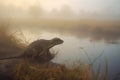 A shy water dinosaur meandering through the foggy marshes that it calls home.. AI generation