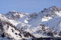 Shymbulak gorge and mountains with ski slopes. Winter mountains landscape.