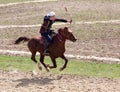 Shymkent, KAZAKHSTAN - 22 March 2017: Celebration of the Kazakh holiday NARIYZ. Archery from a horse