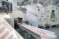 Shymkent, Kazakhstan - 03.12.2020 : Rakhat confectionery factory. Employees are engaged in packaging marmalade candies Royalty Free Stock Photo