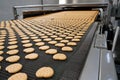 Shymkent, Kazakhstan - 03.12.2020 : Rakhat confectionery factory. The finished cookies are rolled off the conveyor belt Royalty Free Stock Photo