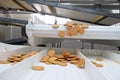 Shymkent, Kazakhstan - 03.12.2020 : Rakhat confectionery factory. The finished cookies are rolled off the conveyor belt Royalty Free Stock Photo