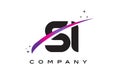 SI S I Black Letter Logo Design with Purple Magenta Swoosh