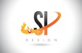 SI S I Letter Logo with Fire Flames Design and Orange Swoosh.