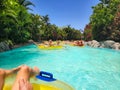 Siam Park, Costa Adeje, Tenerife, Spain - August 9, 2022 - Shark Fish Tunnel in Mai Thai River, in the largest water park in