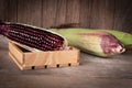 Siam Ruby Queen is super sweet corn with red color, can be eaten fresh place arrange and place on the wood table background and