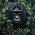 A Siamang Head Wrapped In Green Leaves On A Background Of Leaves. Generative AI