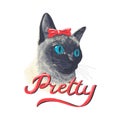Siamese cat animal cute face with red bow on head and hand drawn lettering Pretty. Vector funny happy thai kitten head