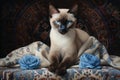 Siamese cat with blue eyes sitting on blanket