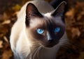 Graceful Siamese Cat with Blue Eyes Standing Among Dry Leaves