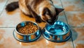 Siamese cat eating kibble beside water bowl on tiled floor Royalty Free Stock Photo