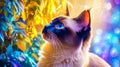 Siamese cat gazes upward, surrounded by vibrant foliage and colorful bokeh lights, creating magical and enchanting atmosphere