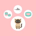 Siamese cat round circle icon set in shape of paw print. Cat stuff object. Mouse toy, bed, food tin can. Flat design style. Cute