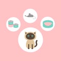 Siamese cat round circle icon set in shape of paw print. Cat stuff object. Mouse toy, bed, food tin can. Flat design style. Cute Royalty Free Stock Photo