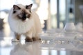 A Siamese cat sits on the floor in a bright room next to a transparent plate with water