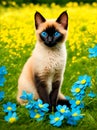 Siamese cat sitting on the grass with blue flowers looking to the camera