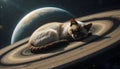 Siamese cat sleeping peacefully on SaturnÃ¢â¬â¢s rings with a giant planet in the background Royalty Free Stock Photo
