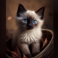 Adorable Siamese Kitten: Blue-Eyed Beauty in a Basket Royalty Free Stock Photo