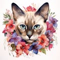 A siamese or wichienmaat cat head and beautiful tropical flowers on white background. Mammals. Pet. Animals. Royalty Free Stock Photo