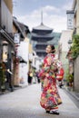 Sian woman wearing japanese traditional kimono at Yasaka Pagoda