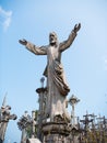 SIAULIAI, LITHUANIA - JULY 28, 2019: Old wooden sculptures on religious themes at the Hill of Crosses