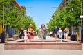 Lithuanian people enjoy summer day in Siauliai city center in hot day refreshing