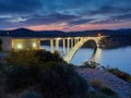 Sibenski Bridge by night. Beautifully lit one of the most famous bridges in Croatia. Landscape near the city of Sibenik. Royalty Free Stock Photo