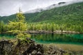 Siberia. Beautiful green fog lake in the forest. Buryatia