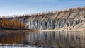 Siberian autumn landscape with larch northern taiga on the banks of the river