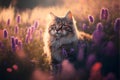 Siberian cat on a background of purple flowers at sunset. Royalty Free Stock Photo