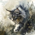 Siberian cat running sketch, color drawing