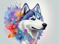 Siberian husky with colorful flower painted in watercolor on a white background.generative AI