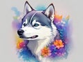 Siberian husky with colorful flower painted in watercolor on a white background.generative AI