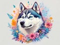 Siberian husky with colorful flower painted in watercolor on a white background.generative AI