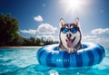 Siberian Husky dog in glasses lies with an inflatable ring for swimming on a sandy beach Royalty Free Stock Photo