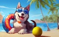 Siberian Husky dog in glasses lies with an inflatable ring for swimming on a sandy beach Royalty Free Stock Photo