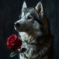 A Siberian Husky dog,with roses, smiling, happy expression,cute, bring ,Red rose,Valentine\'s Day,background,Generated AI