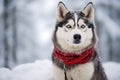 A Siberian Husky dog in a snowy winter forest