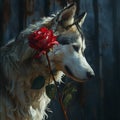 A Siberian Husky dog, wearing hat,smiling, happy expression,with red rose,Valentine\'s day concept, Generated AI