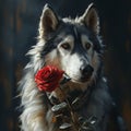 A Siberian Husky dog, wearing hat,smiling, happy expression,with red rose,Valentine\'s day concept,Generated AI