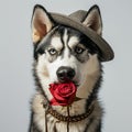 A Siberian Husky dog, wearing hat,smiling, happy expression,with red rose,Valentine\'s day concept, Generated AI